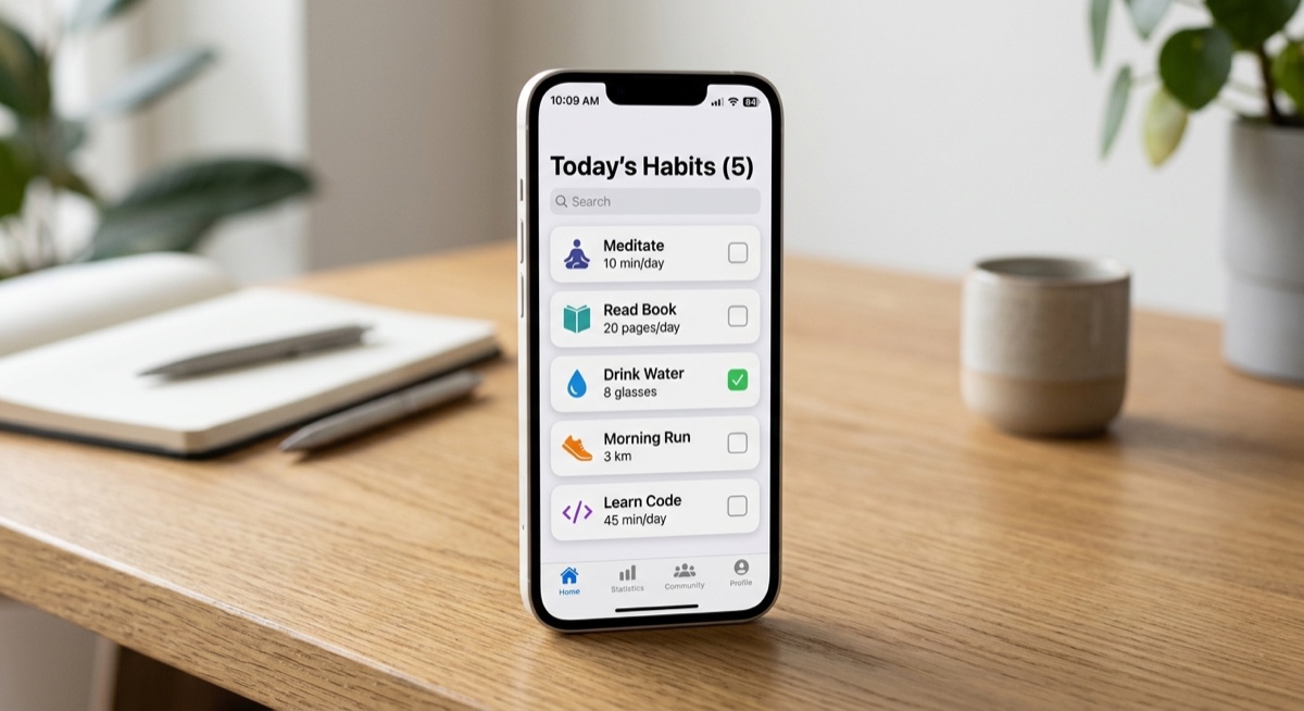 A phone showing a habit-tracking app home screen with a list of five daily habits, each with an icon and a checkbox.