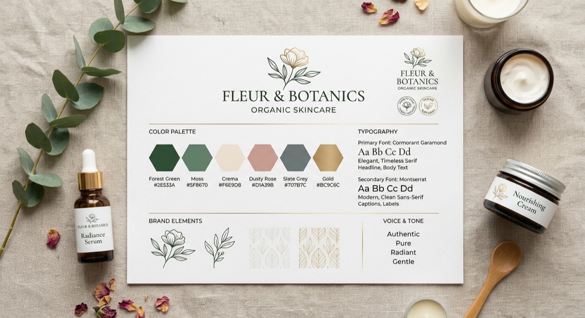 A brand board for an organic skincare brand, showing a logo, a color palette with hex codes, typography samples, and product mockups.