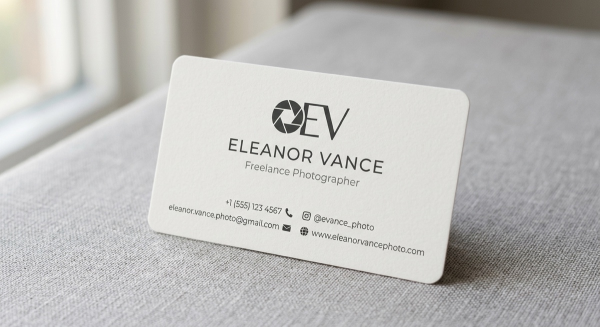 A clean business card on a linen surface, with a monogram, a name and role, and contact details for a freelance photographer.