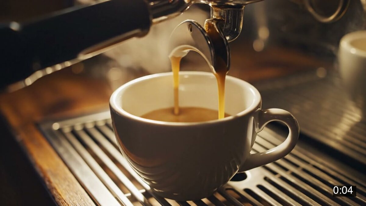 A cinematic frame from a commercial video showing espresso pouring into a glass, with a 0:04 duration badge in the corner.