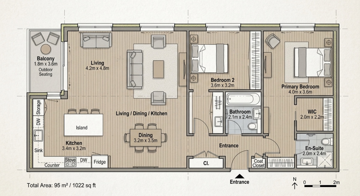 A floor plan of a two-bedroom apartment with an open-plan living, dining and kitchen area, showing labeled rooms and dimensions.