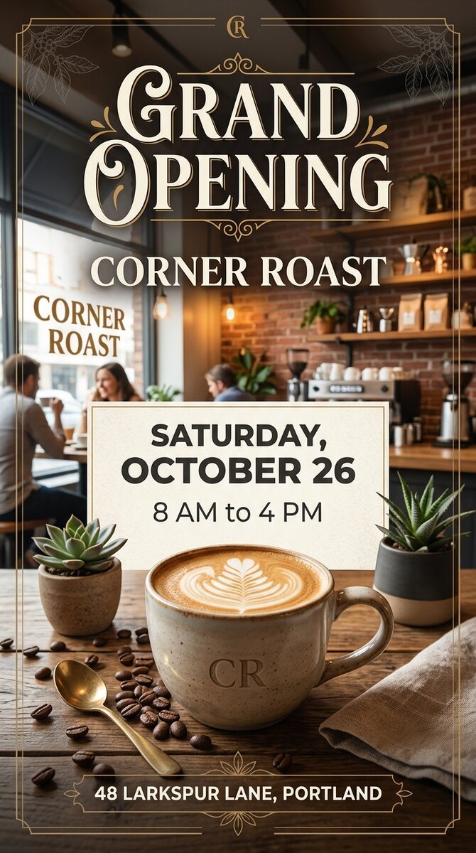 A grand-opening flyer for Corner Roast coffee shop with a date, a street address, and a warm illustration of a coffee cup.