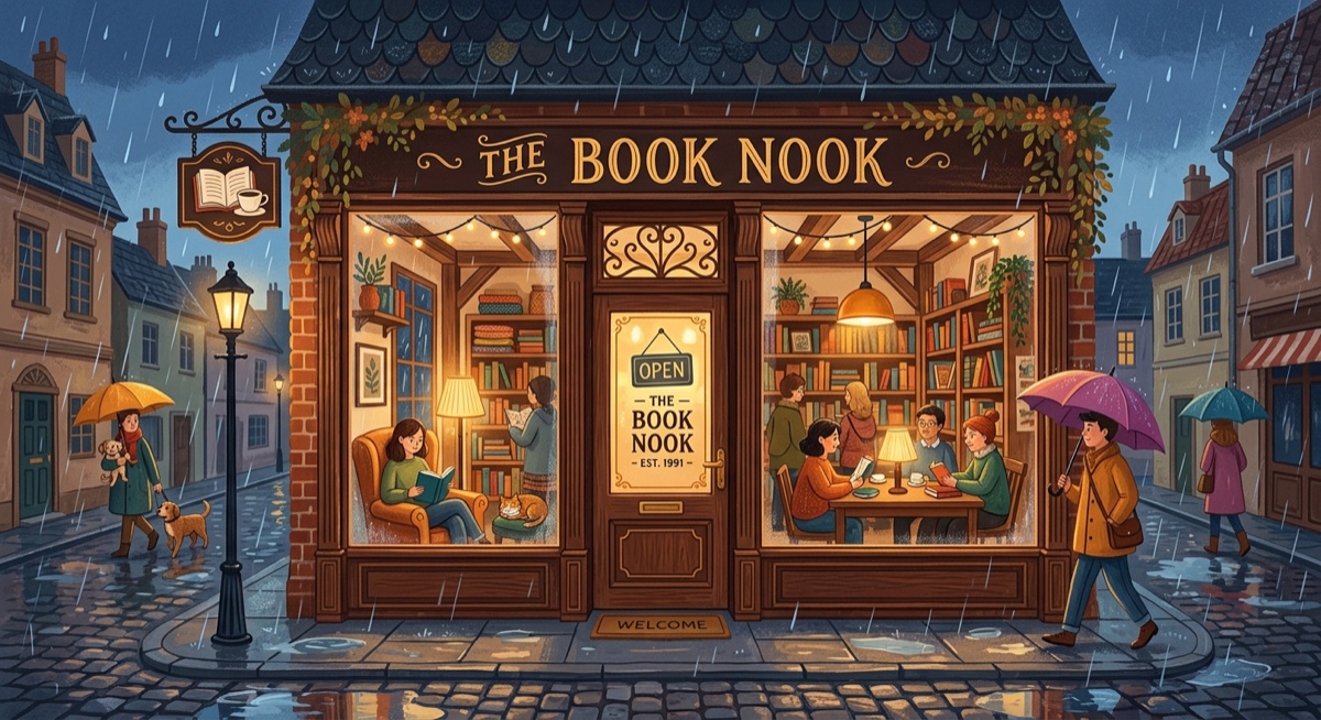 A warm illustration of a cozy bookshop called The Book Nook on a rainy evening, with people reading inside by lamplight.