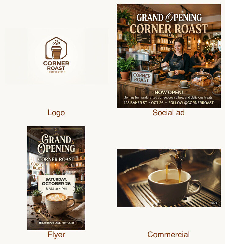 A launch campaign bundle for Corner Roast coffee, showing a logo, a social ad, a flyer, and a commercial video frame arranged together in one cohesive set.