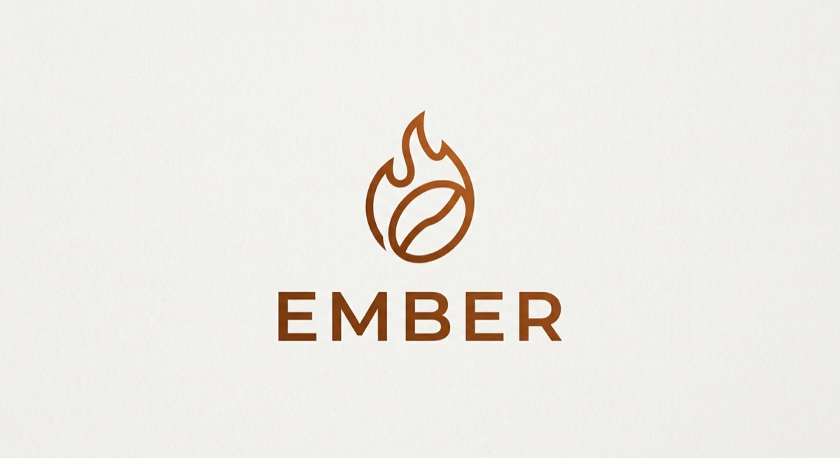 A minimalist logo for a coffee roaster: a flame and coffee-bean mark above a wordmark reading Ember.