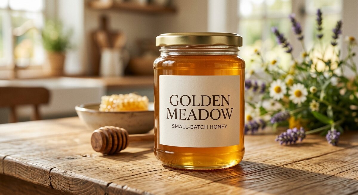 A photorealistic jar of honey on a wooden surface with a clean label reading Golden Meadow, Small-Batch Honey.