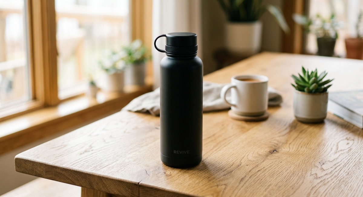 A product mockup of a matte-black insulated water bottle on a light wooden table in soft natural light.