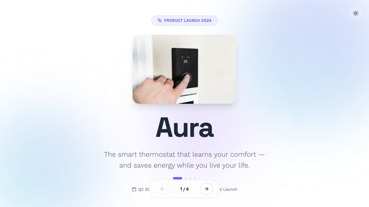 The cover slide of an interactive slide deck for the Aura smart thermostat, shown in a browser with previous and next controls and a 1 of 4 slide number.