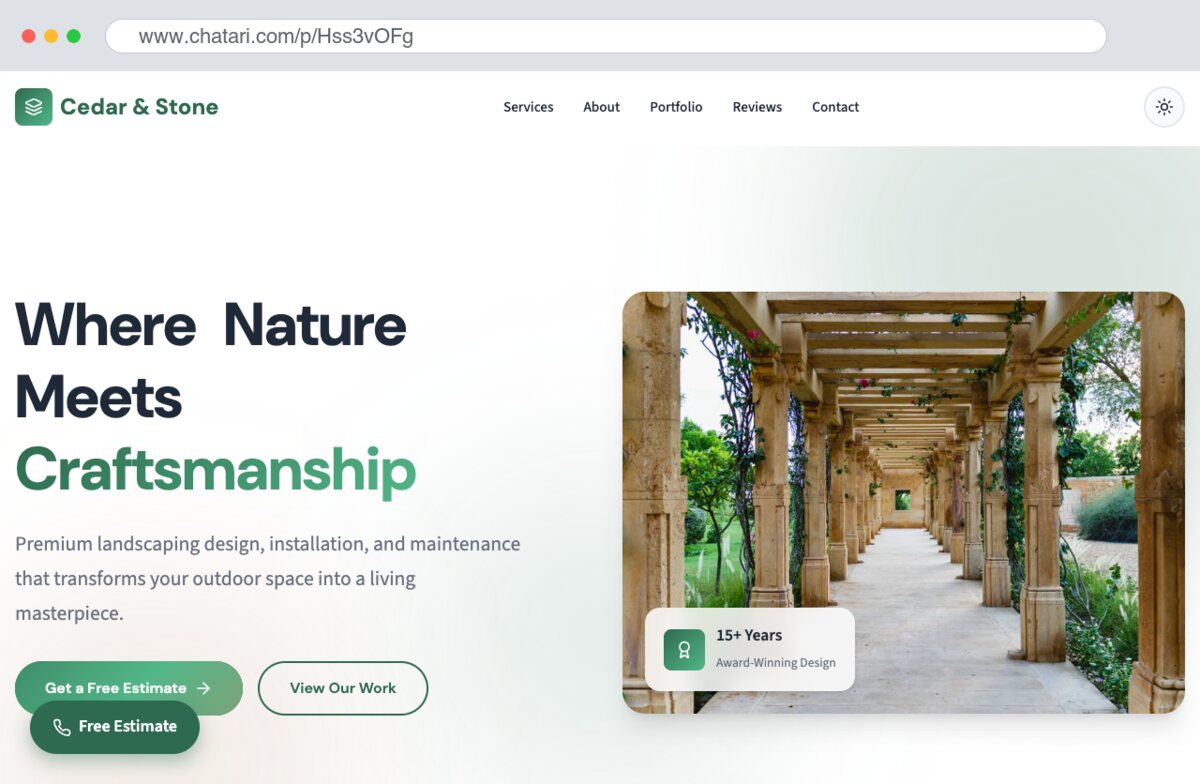 A live landscaping website for Cedar and Stone shown in a browser window, with a hero photo of a garden and a chatari.com web address in the address bar.