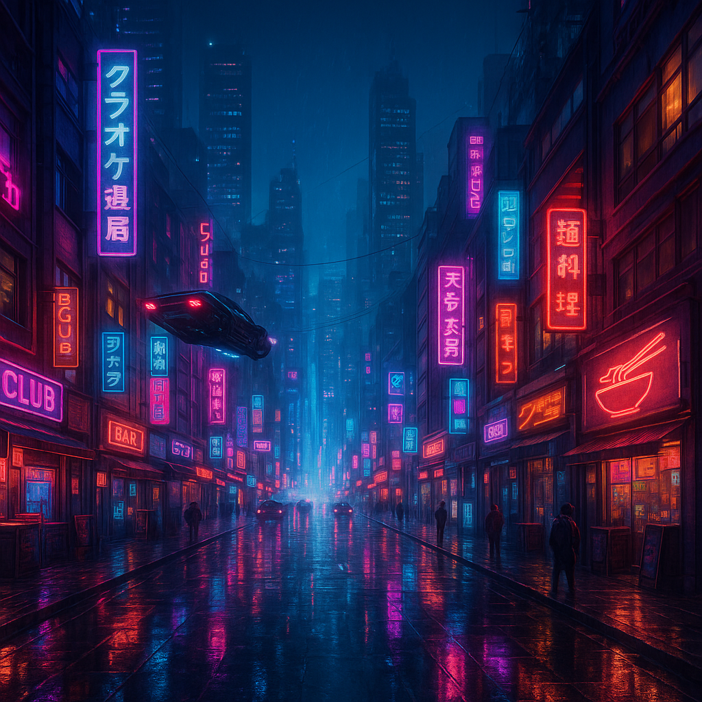Cyberpunk cityscape with neon lighting