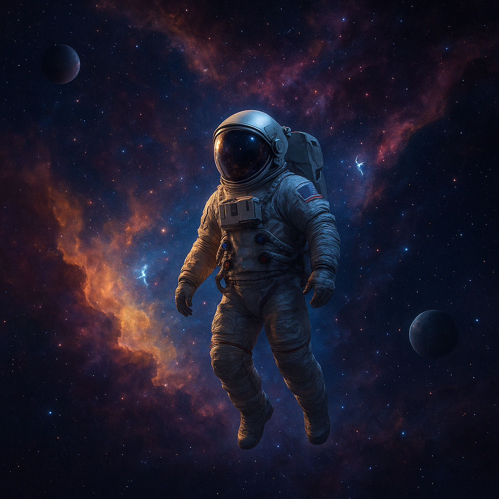 Space exploration scene with distant planets